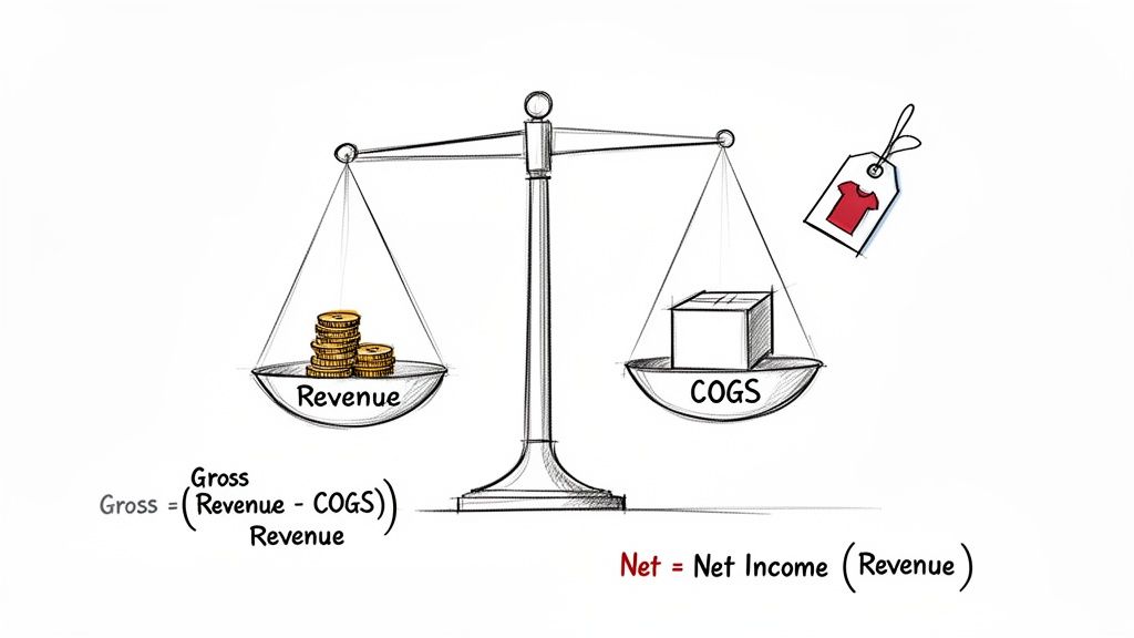 A balance scale illustrating revenue, COGS, and formulas for gross and net profit margins.