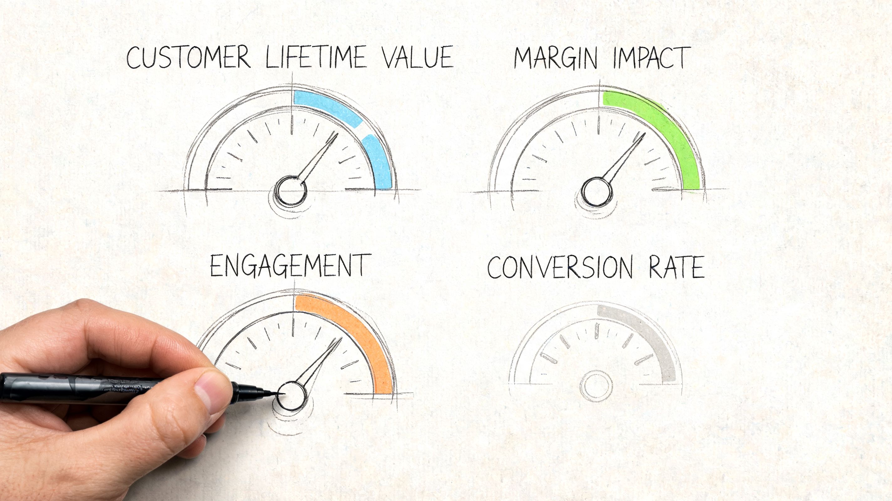 A hand drawing business KPI gauges for customer lifetime value, margin impact, engagement, and conversion rate.