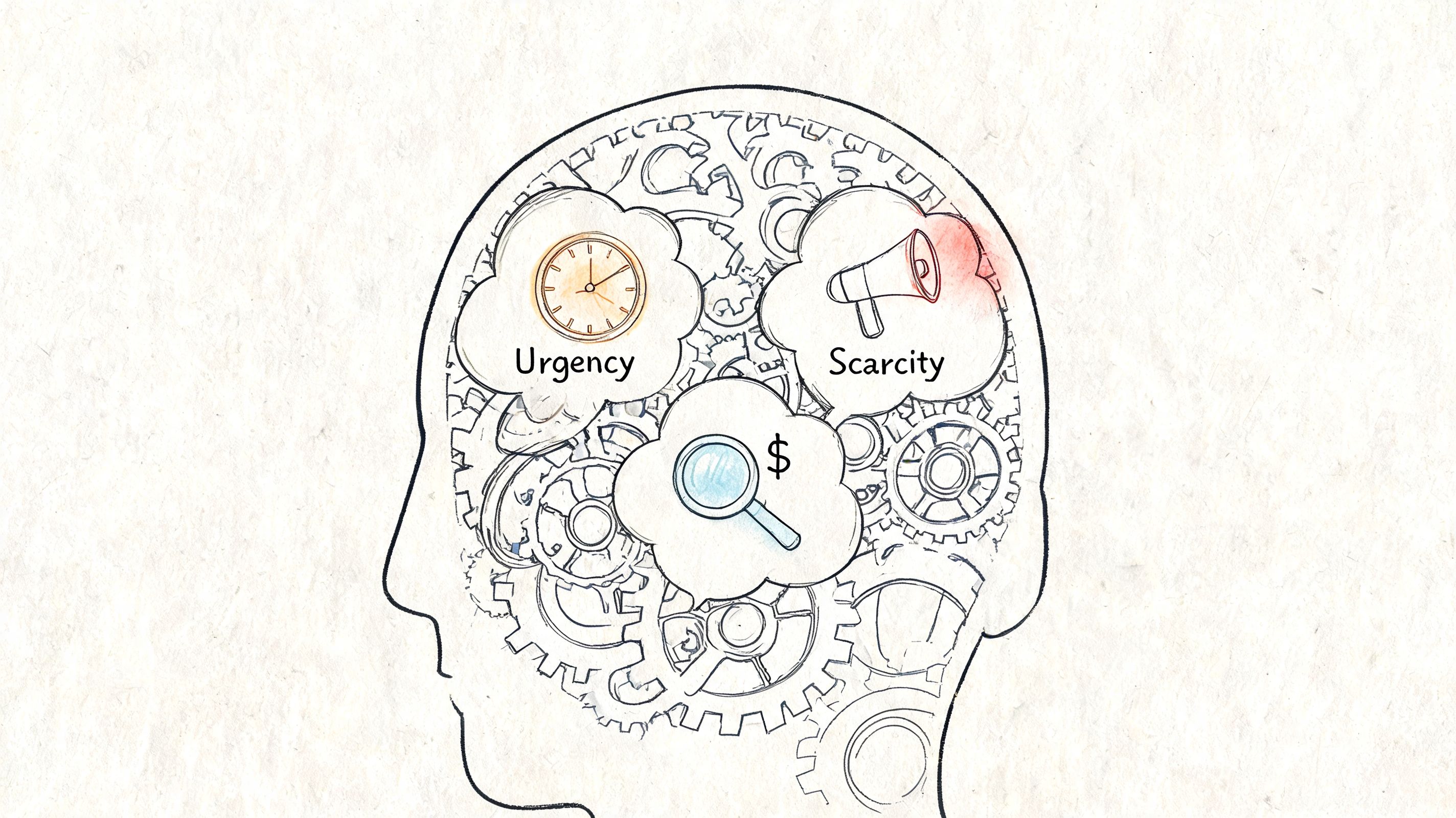 A line drawing of a human head filled with gears and thought bubbles depicting marketing concepts.