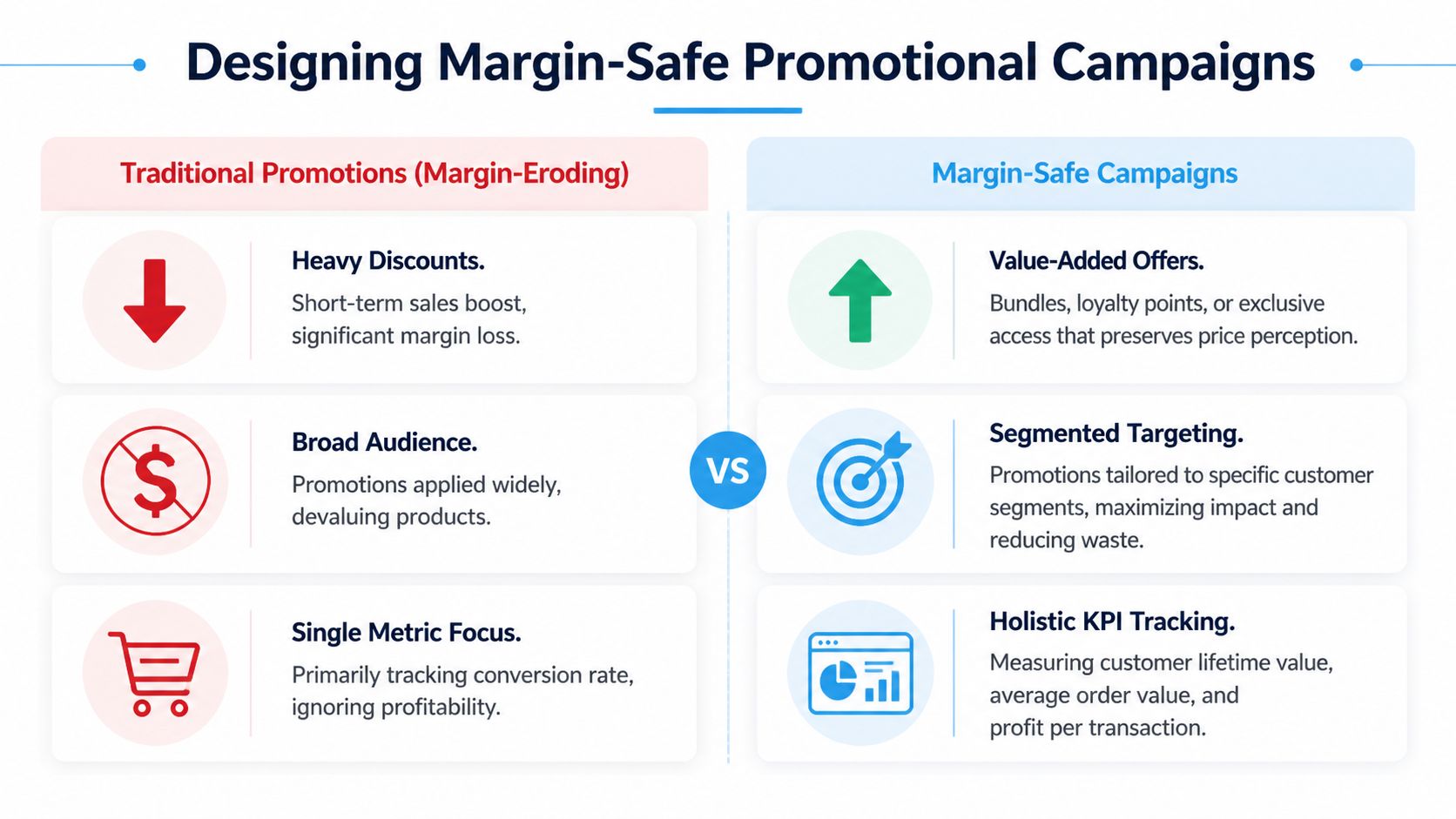 A comparison chart showing traditional margin-eroding promotions versus strategic margin-safe campaigns for business growth.
