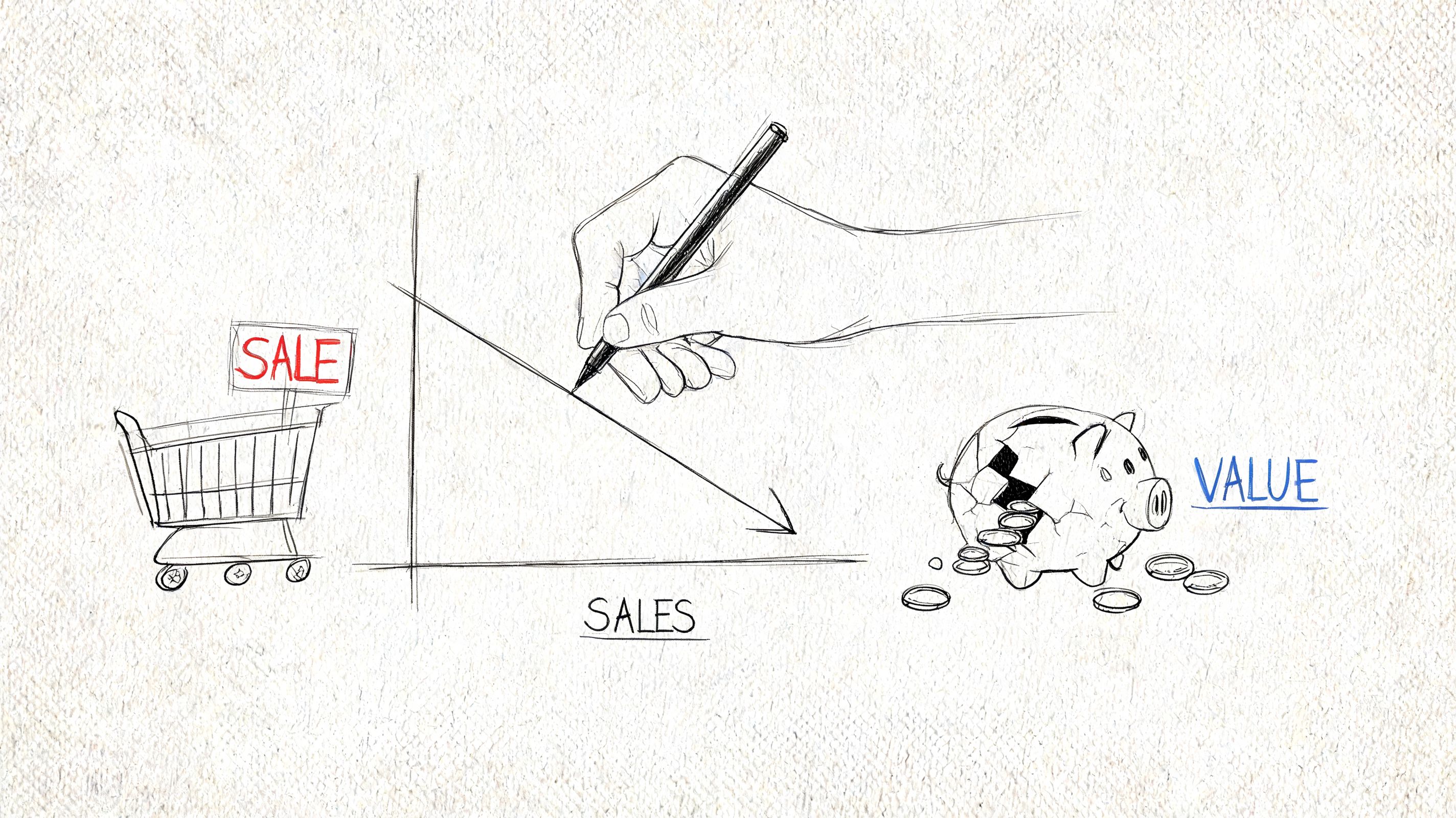 A hand sketching a downward trending graph between a shopping cart and a broken piggy bank.