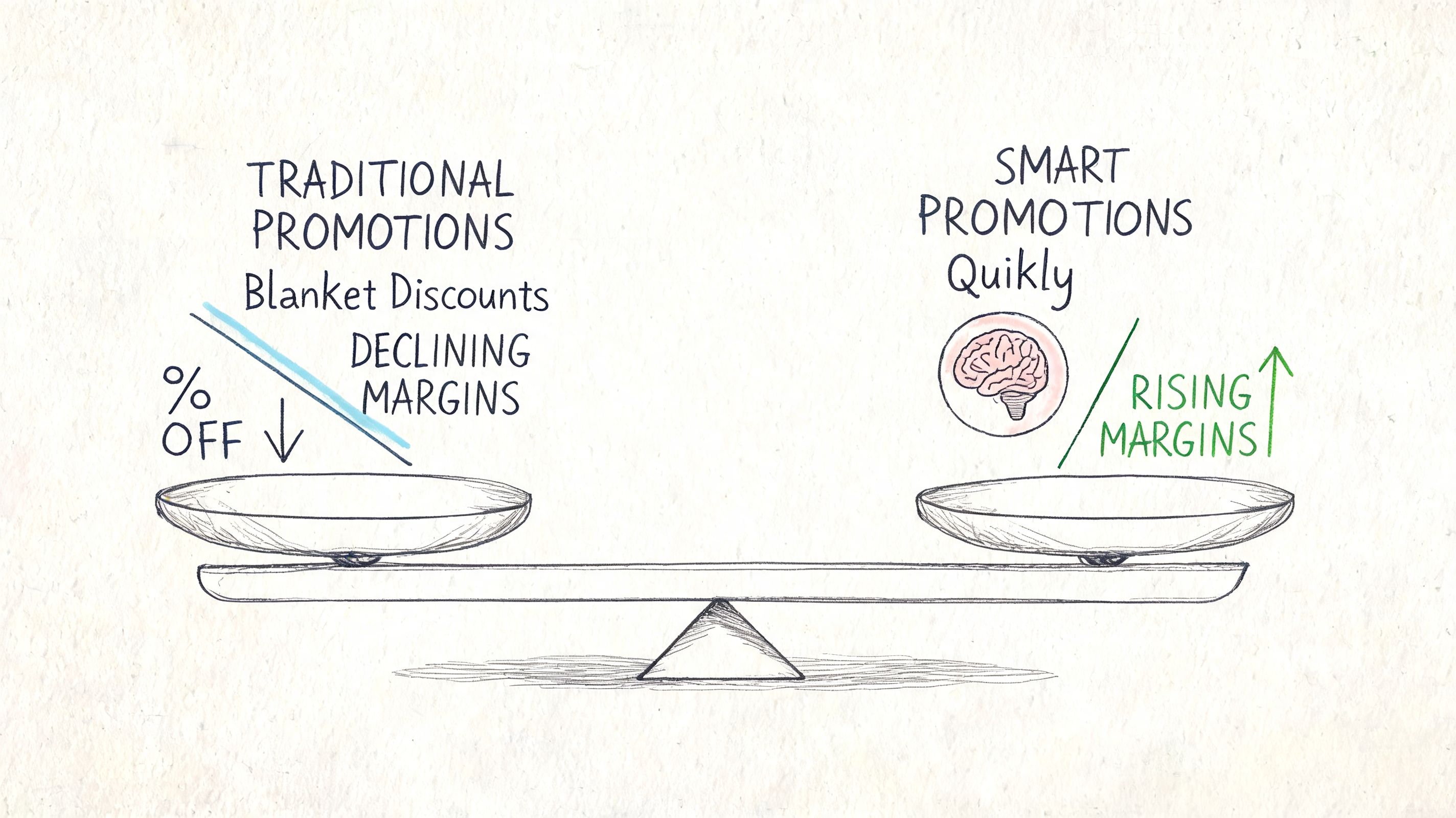 A hand-drawn illustration showing a balance scale comparing traditional blanket discounts to Quikly smart promotions.