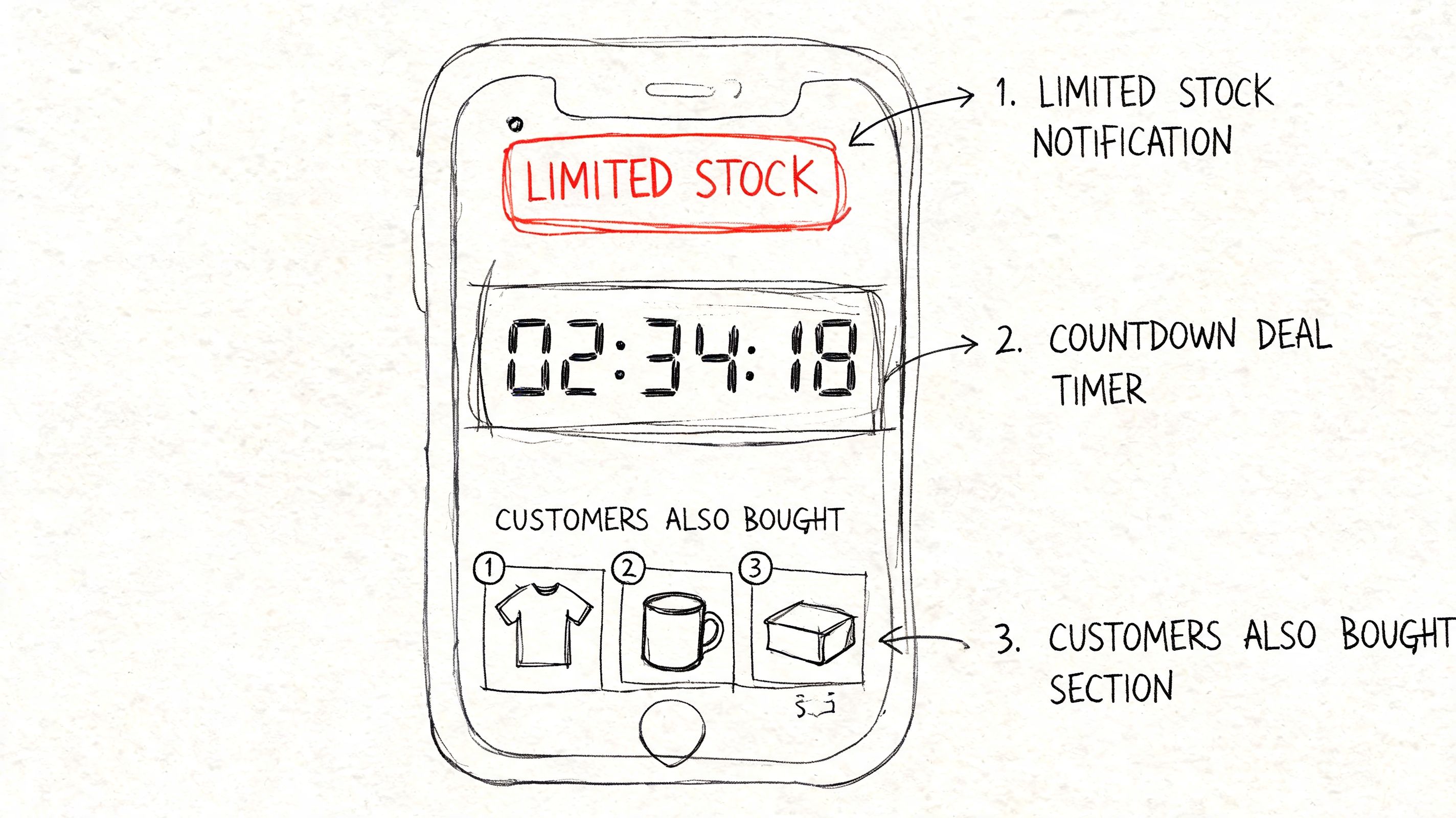 A hand-drawn sketch of a smartphone screen displaying ecommerce conversion elements like stock alerts and countdown timers.