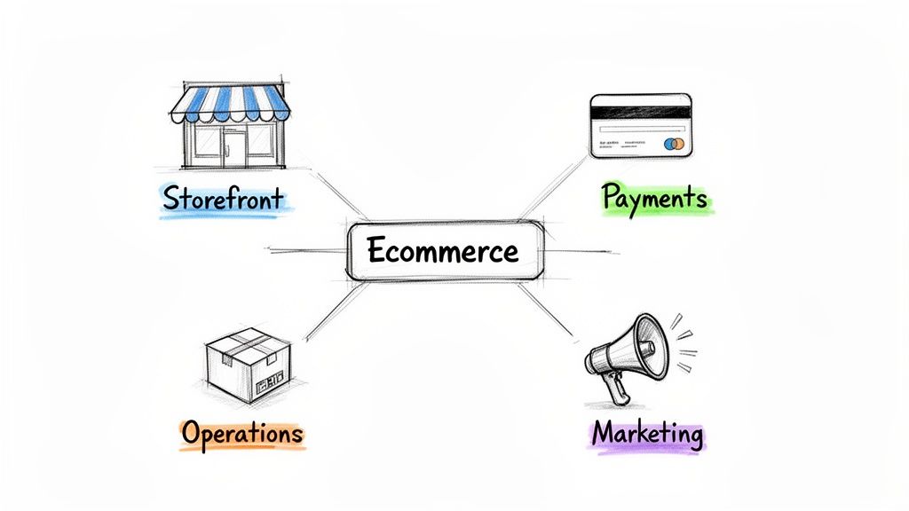 A mind map illustrating the key components of an ecommerce business: storefront, payments, operations, and marketing.