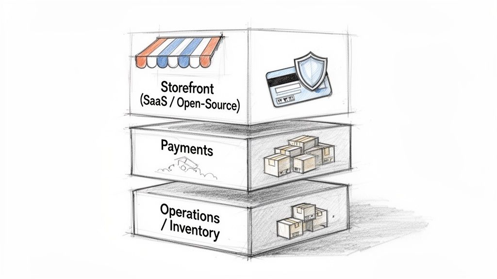 Conceptual drawing of an e-commerce system with three layers: Storefront, Payments, and Operations/Inventory.