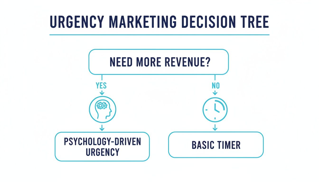A marketing decision tree asks: Need more revenue? Yes leads to psychology-driven urgency; No leads to a basic timer.