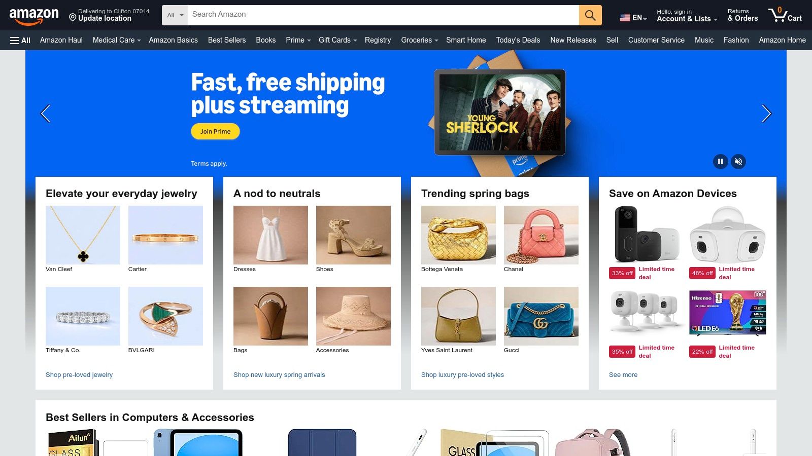 Amazon homepage showing personalized recommendations and various product categories.