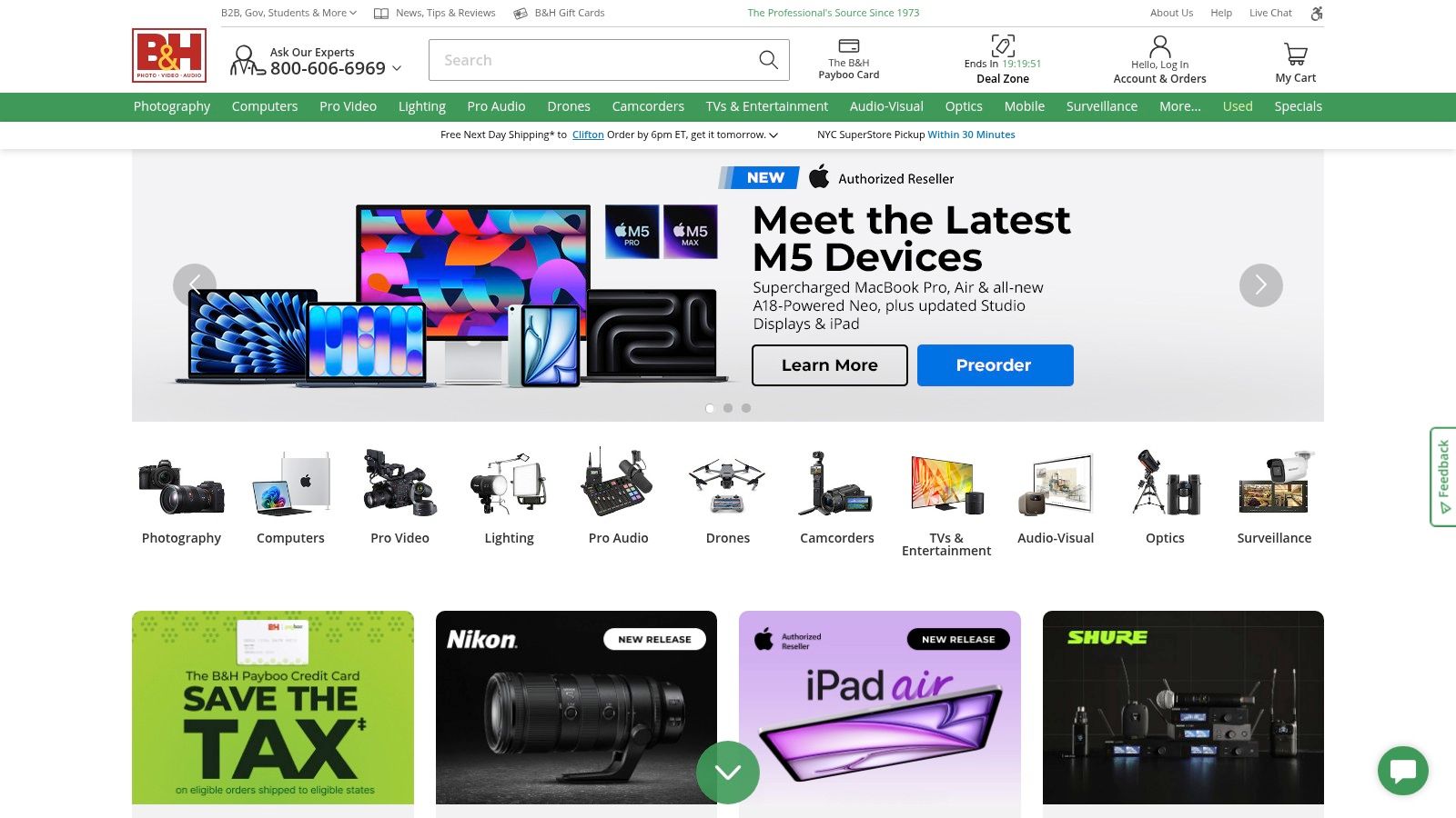 B&H Photo Video's product detail page showing extensive technical specifications and user reviews.