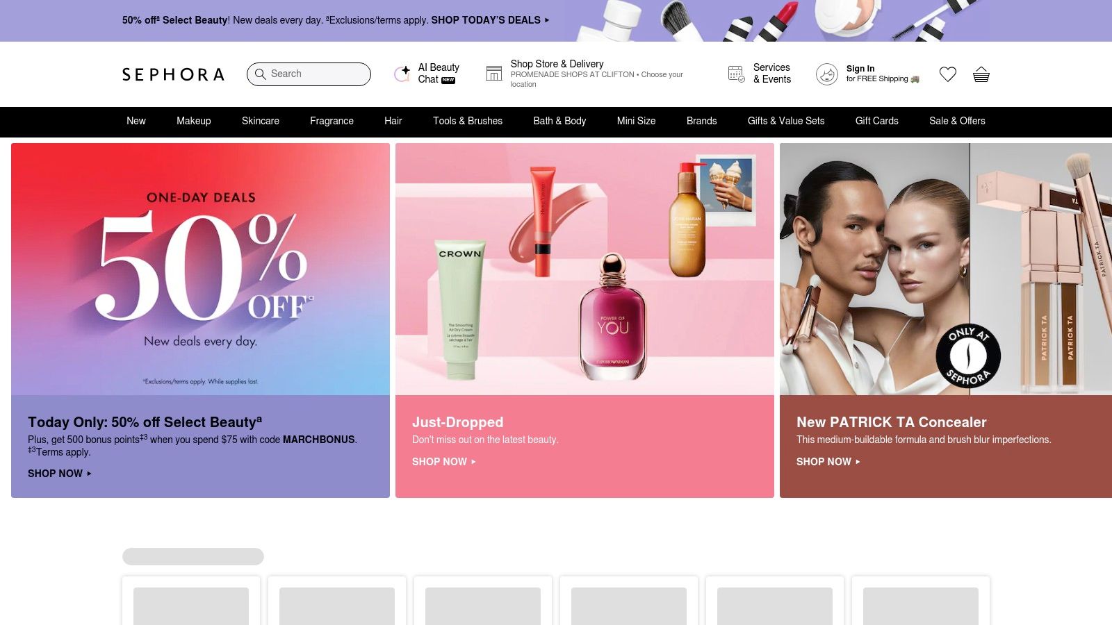 Sephora homepage showing beauty products and loyalty program promotions.