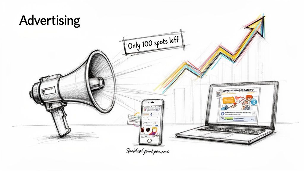 A sketch illustrating digital advertising with a megaphone, smartphone, laptop displaying ads, and a growth arrow.