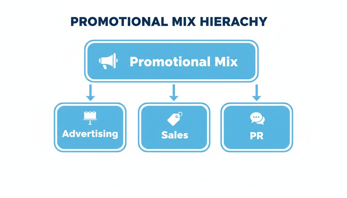 Diagram illustrating the promotional mix hierarchy, featuring advertising, sales, and PR elements.