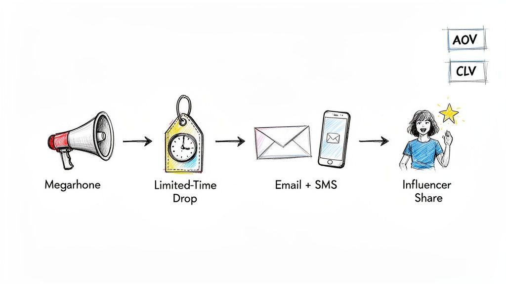 A marketing strategy flowchart showing megaphone, limited-time drops, email, SMS, and influencer shares leading to AOV and CLV.