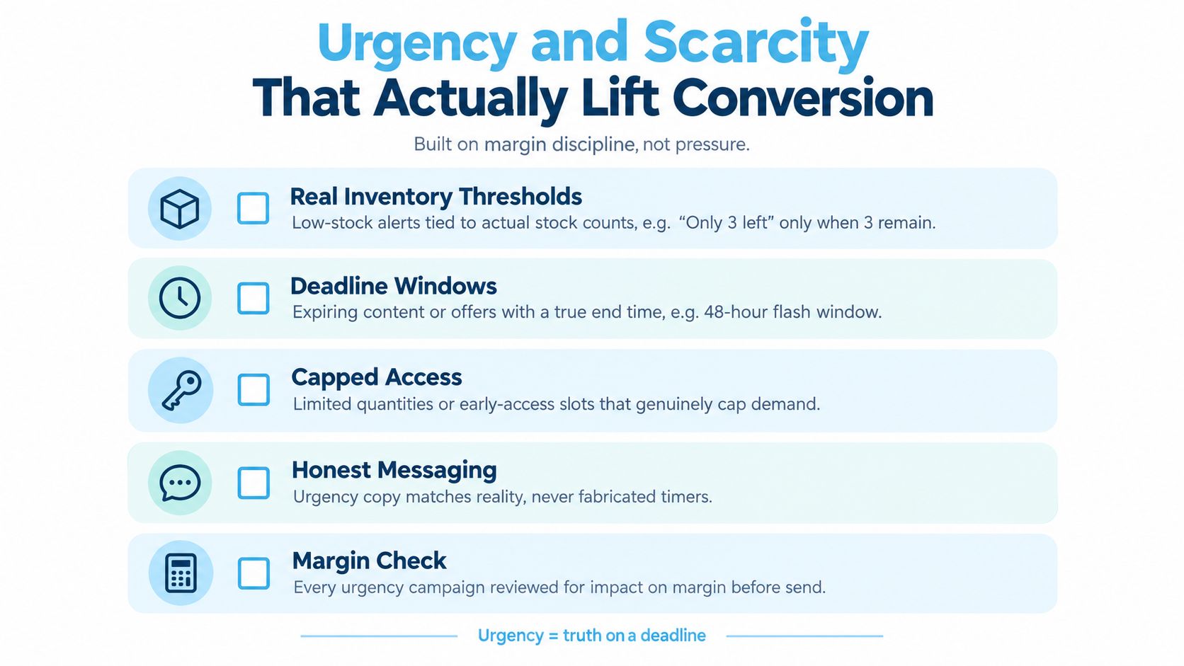 A list of five marketing strategies for using urgency and scarcity to increase business conversion rates.