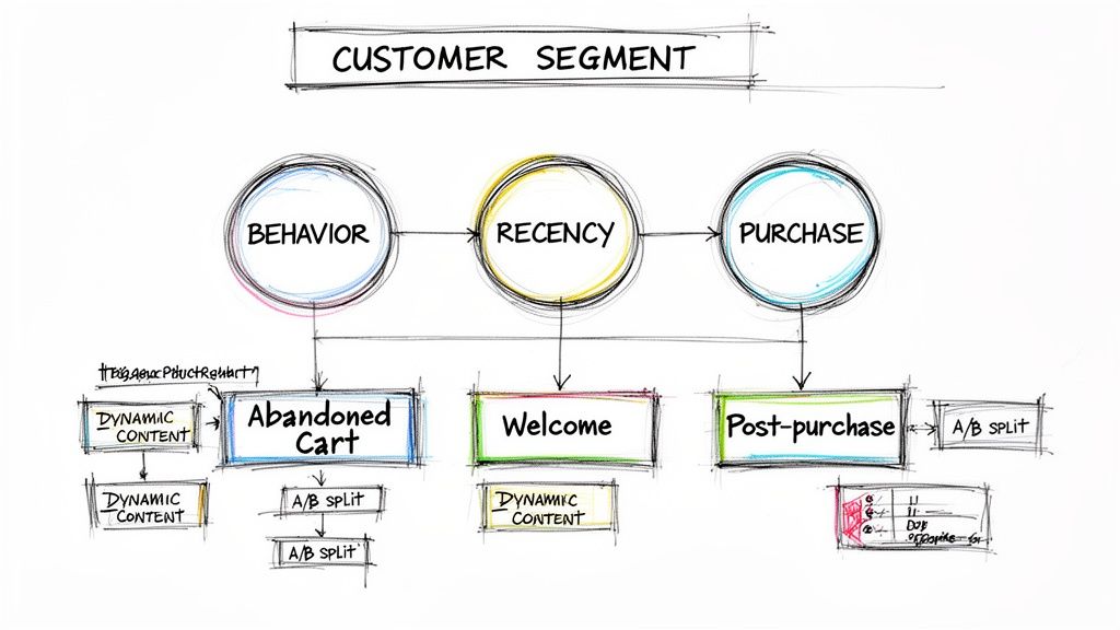 Flowchart showing customer segmentation based on behavior, recency, and purchase with marketing actions.