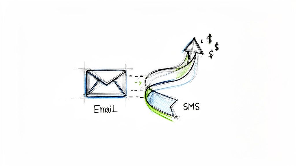 Sketch illustrating the conversion flow from email to SMS, resulting in financial gain represented by an upward arrow and dollar signs.