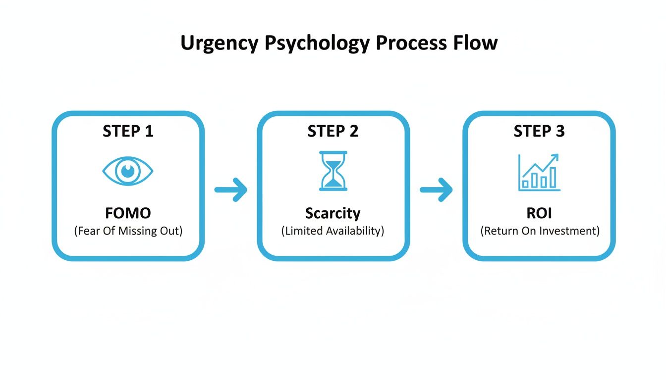 A three-step process flow illustrating urgency psychology: FOMO, Scarcity, and ROI.
