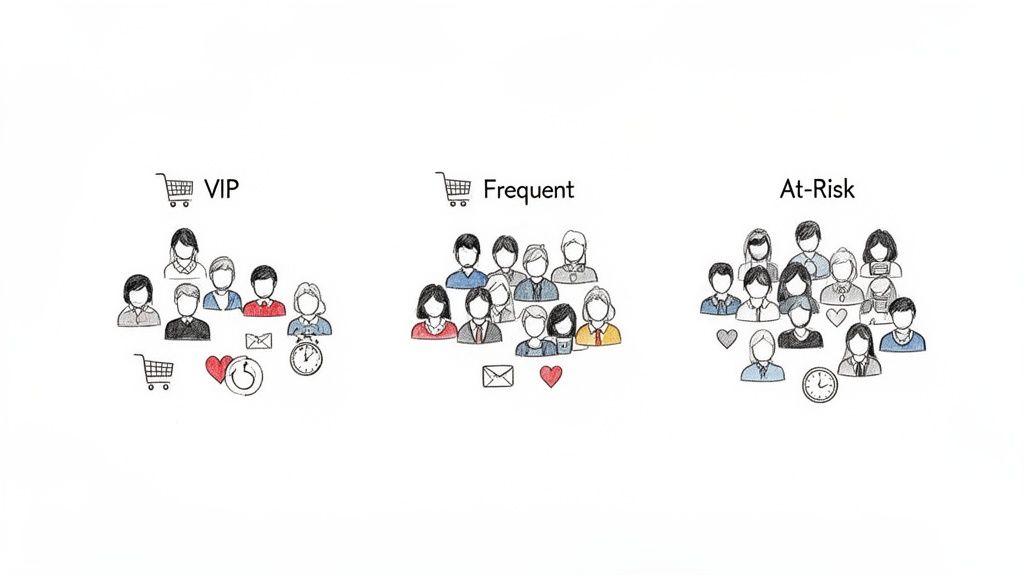 Illustration showing three customer segments: VIP, Frequent, and At-Risk, with diverse customer icons.