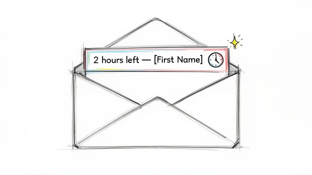 A hand-drawn sketch of an open email envelope with a '2 hours left' notification and a clock icon.