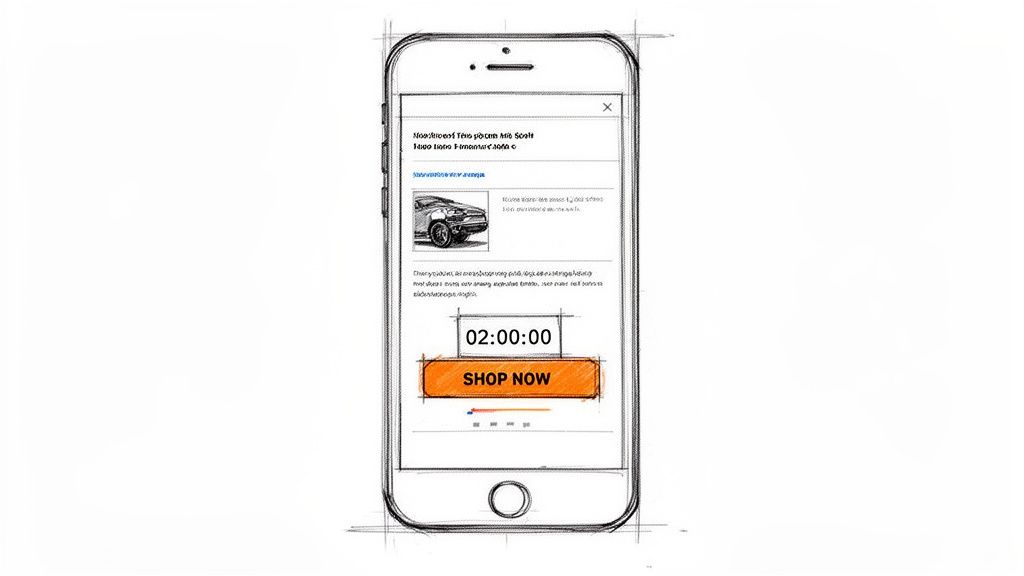 A hand-drawn sketch of an iPhone screen displaying a mobile email with a car product, countdown, and shop button.