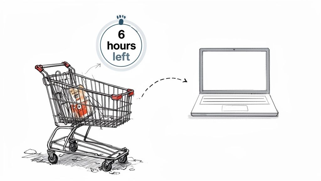 An illustrated shopping cart with items and a '6 hours left' timer, with an arrow pointing to a laptop.