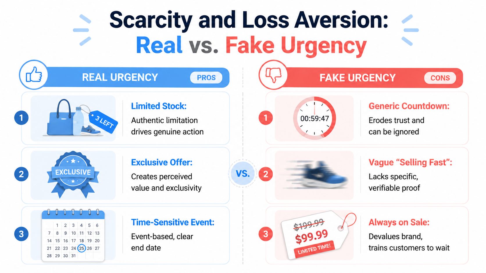 A comparison chart showing the differences between effective real urgency and ineffective fake urgency in marketing strategies.