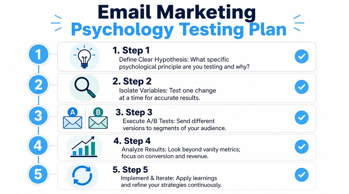 A five-step email marketing psychology testing plan infographic detailing a process for conducting data-driven A/B experiments.