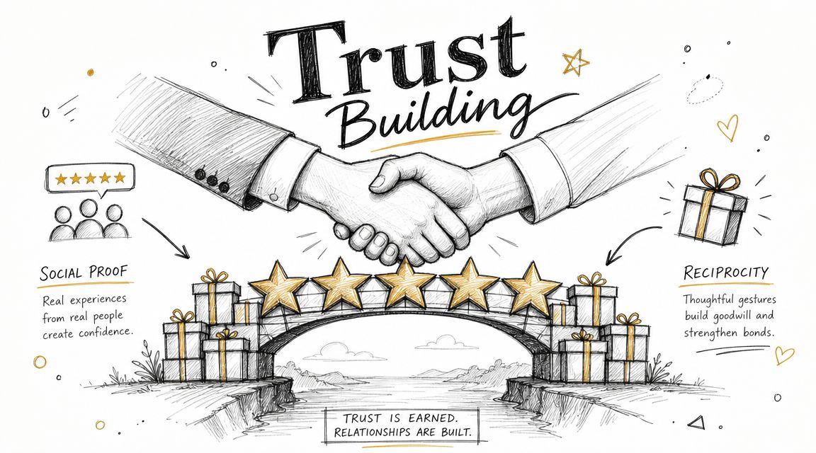 A hand-drawn illustration showing a handshake over a bridge of gift boxes, depicting trust building concepts.