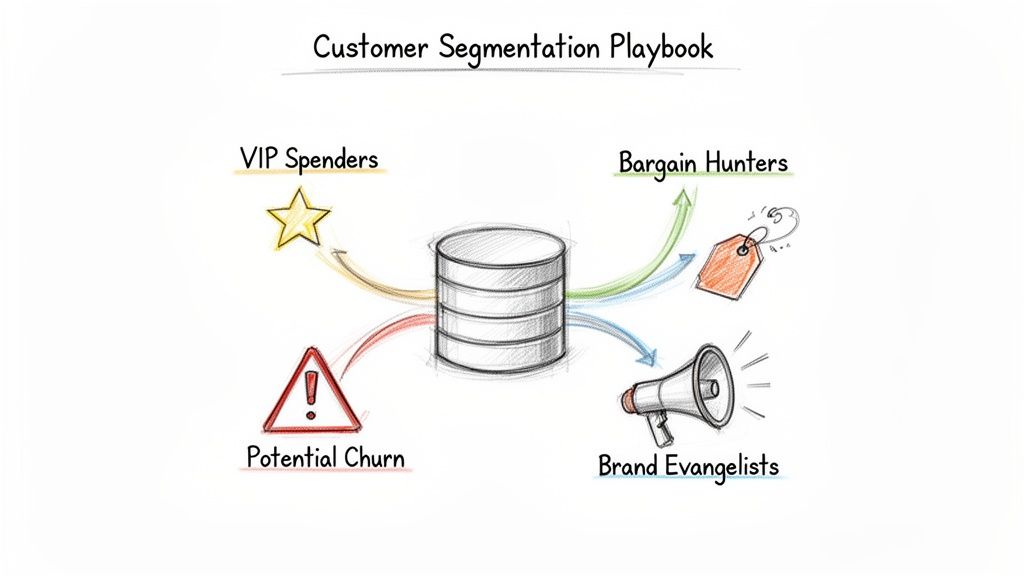 Customer Segmentation Playbook diagram with segments: VIP Spenders, Bargain Hunters, Potential Churn, and Brand Evangelists.