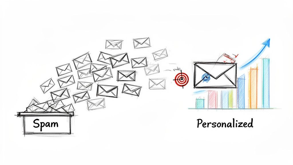 Illustration contrasting many generic spam emails with a single targeted, personalized email leading to growth.