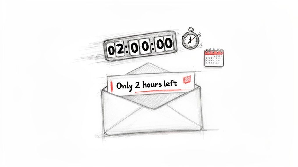 A sketch showing an open email with 'Only 2 hours left', a digital clock, and a calendar.