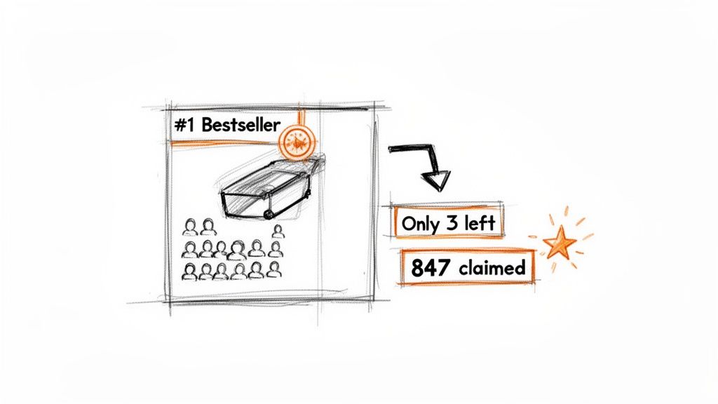 Sketch illustration showing a 'Bestseller' product with 'Only 3 left' and '847 claimed', indicating scarcity.