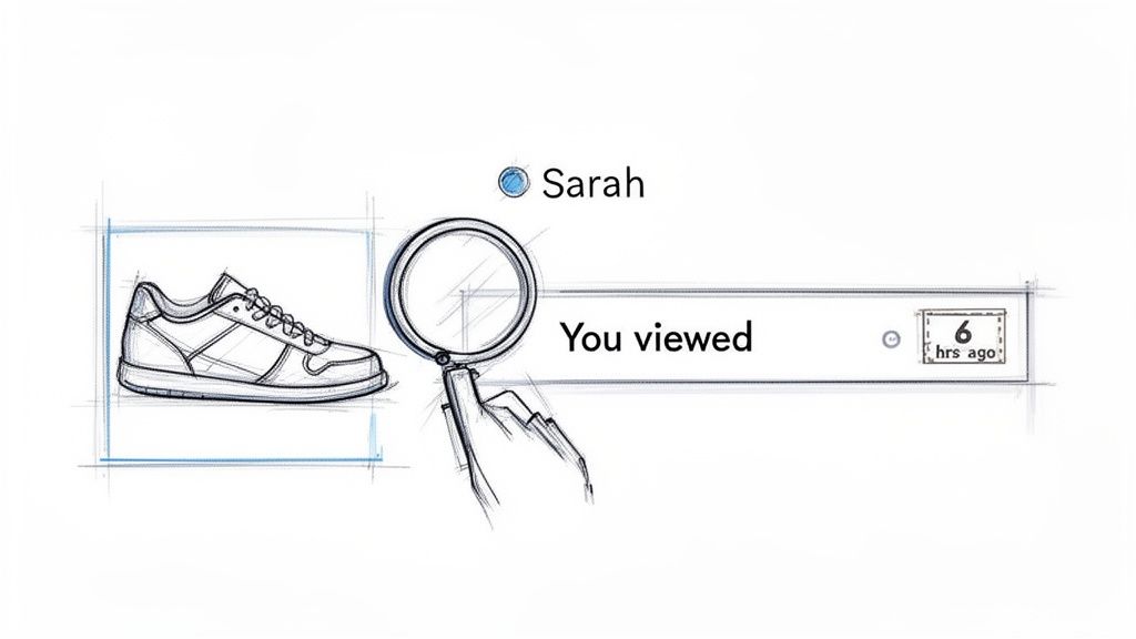 Sketch illustrating a user interface showing a sneaker, 'Sarah,' and 'You viewed 6 hrs ago' notification.