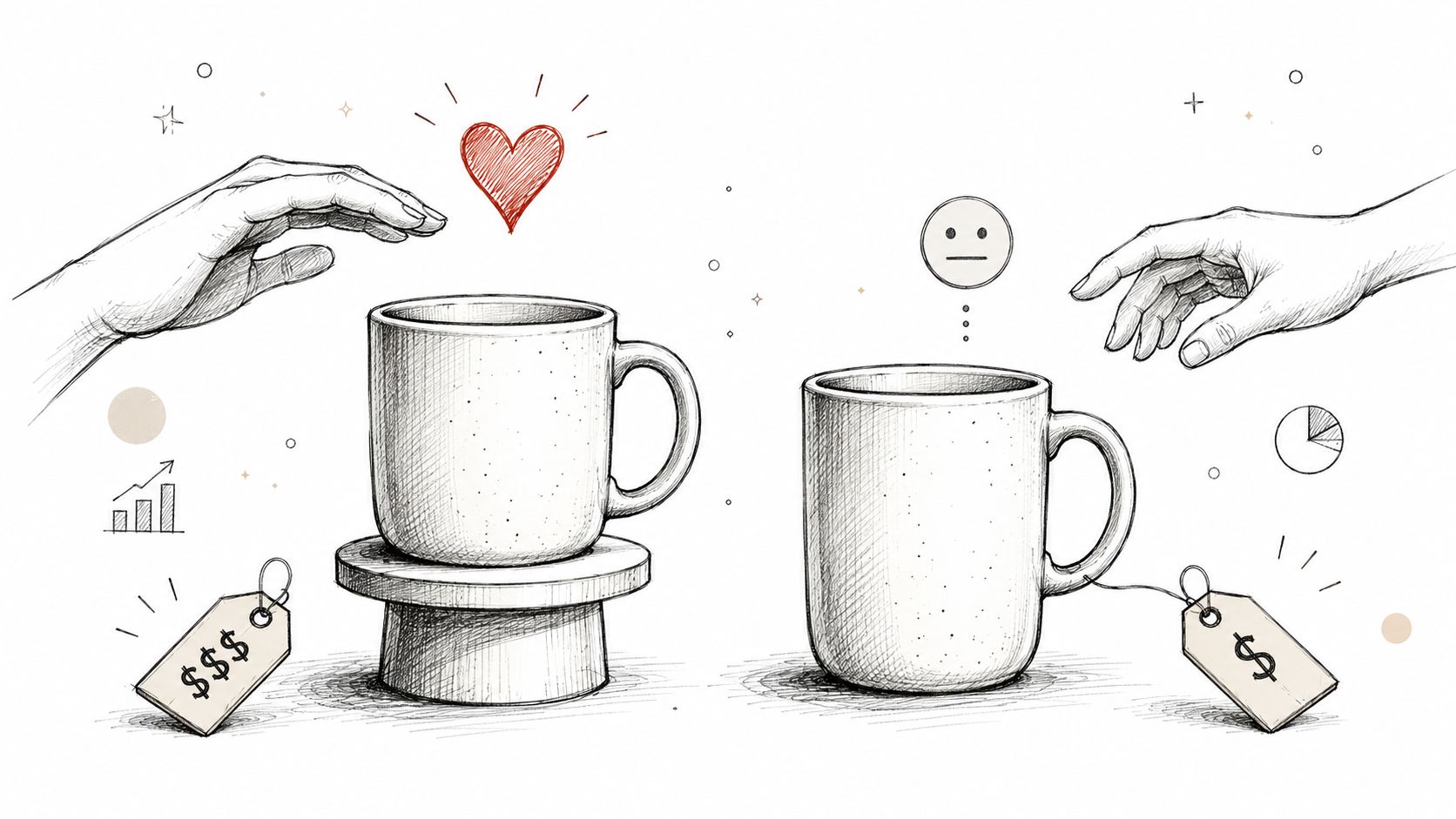 A conceptual illustration comparing two mugs, demonstrating the endowment effect where owners value items more than buyers.