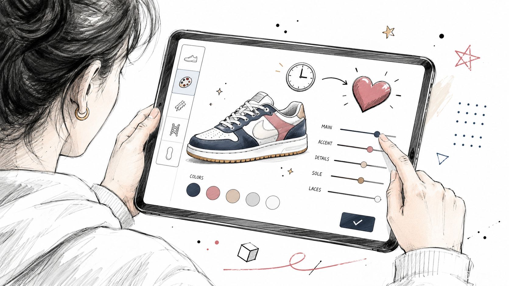 A digital illustration of a person customizing a sneaker design on a tablet screen using sliders.