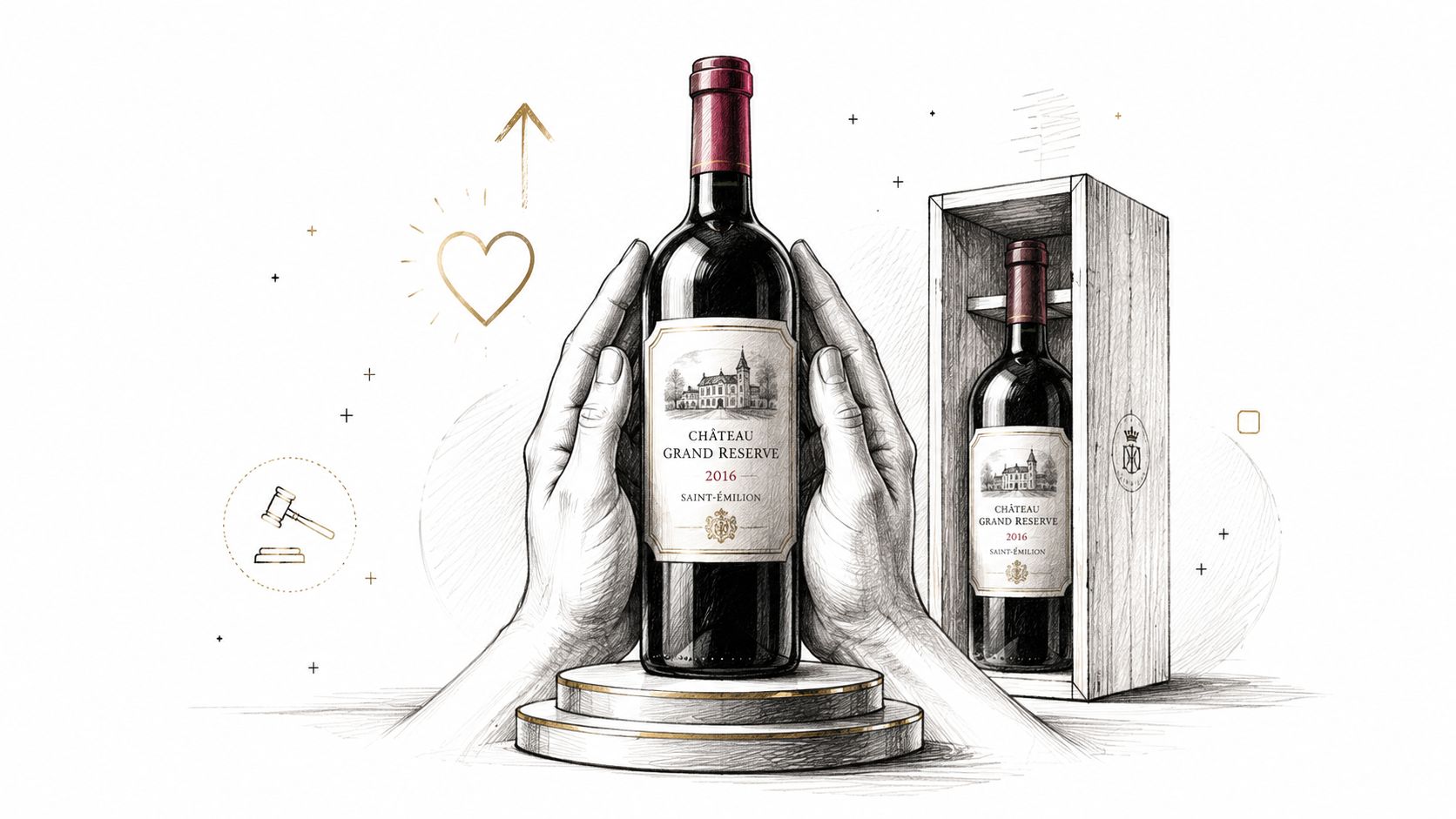 A hand-drawn illustration depicting the endowment effect, featuring a wine bottle held by hands on a pedestal.