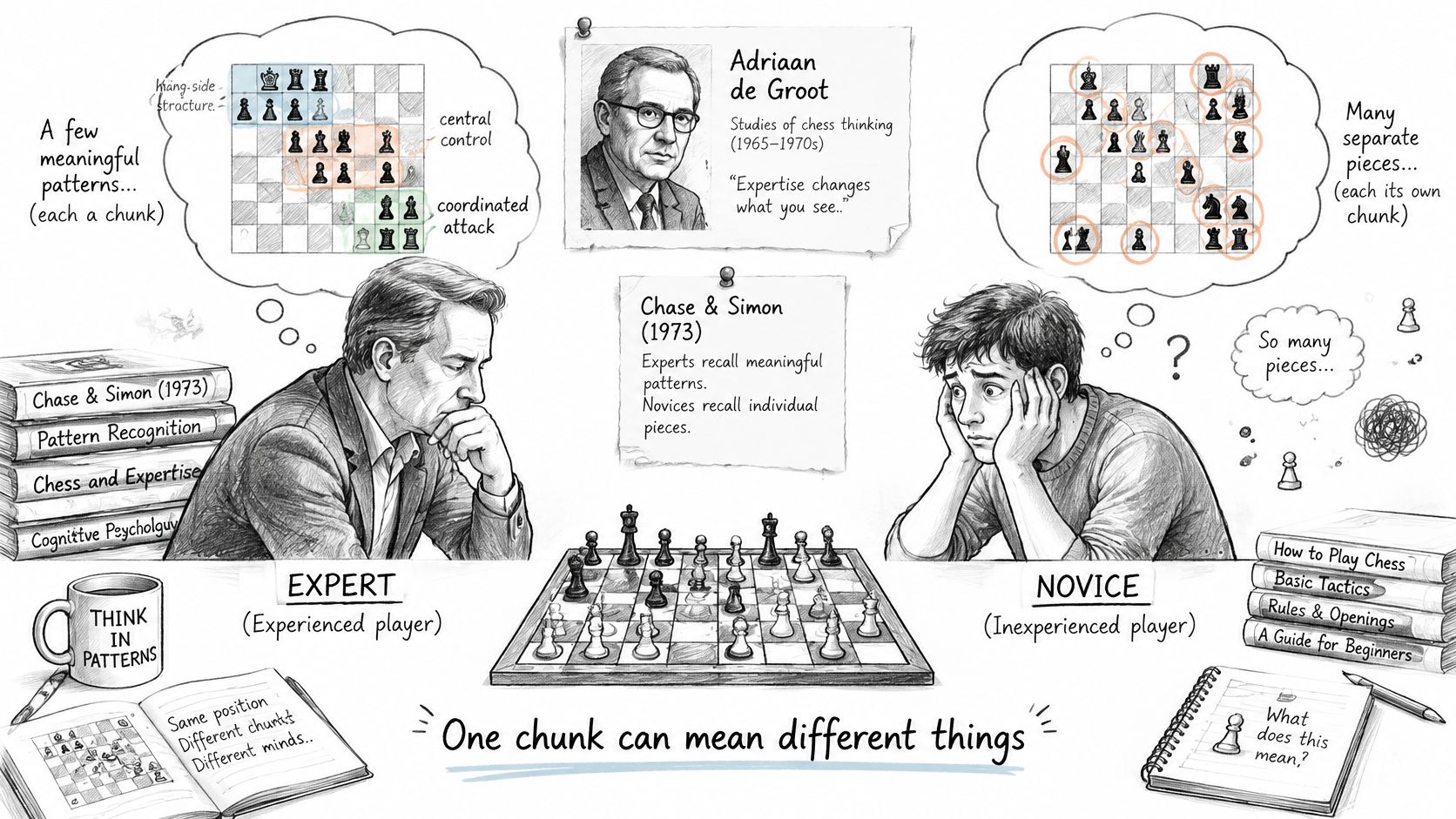 A diagram contrasting expert and novice chess players to illustrate the psychological concept of cognitive chunking.