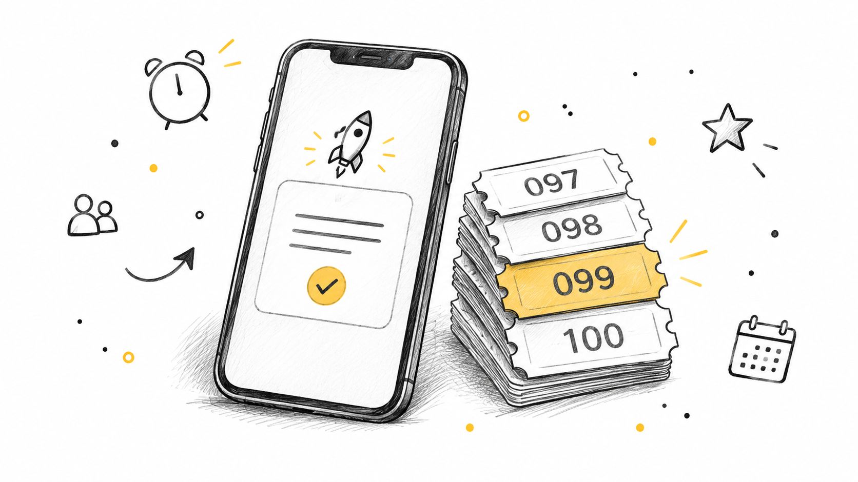 A smartphone illustration next to a stack of numbered tickets with the number 099 highlighted in yellow.