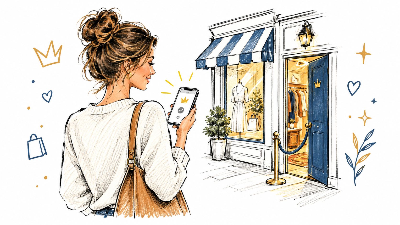 An illustration of a stylish woman looking at a store with a crown icon on her smartphone.