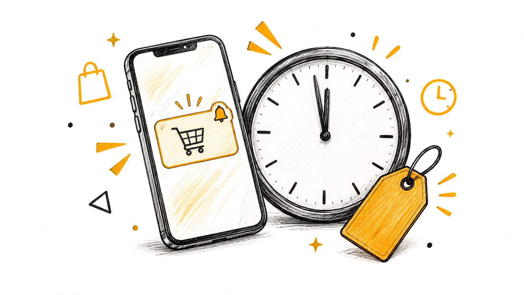 A hand-drawn illustration showing a smartphone with a shopping notification, a clock, and a price tag.