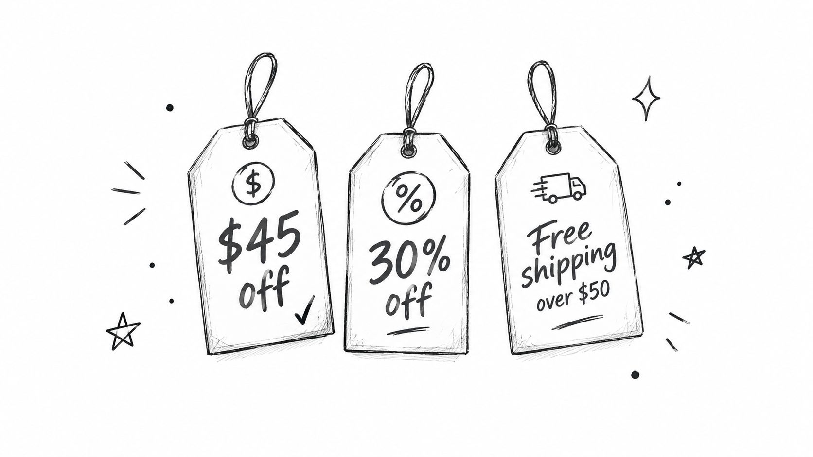 Three hand-drawn price tags showing a forty-five dollar discount, thirty percent off, and free shipping offer.