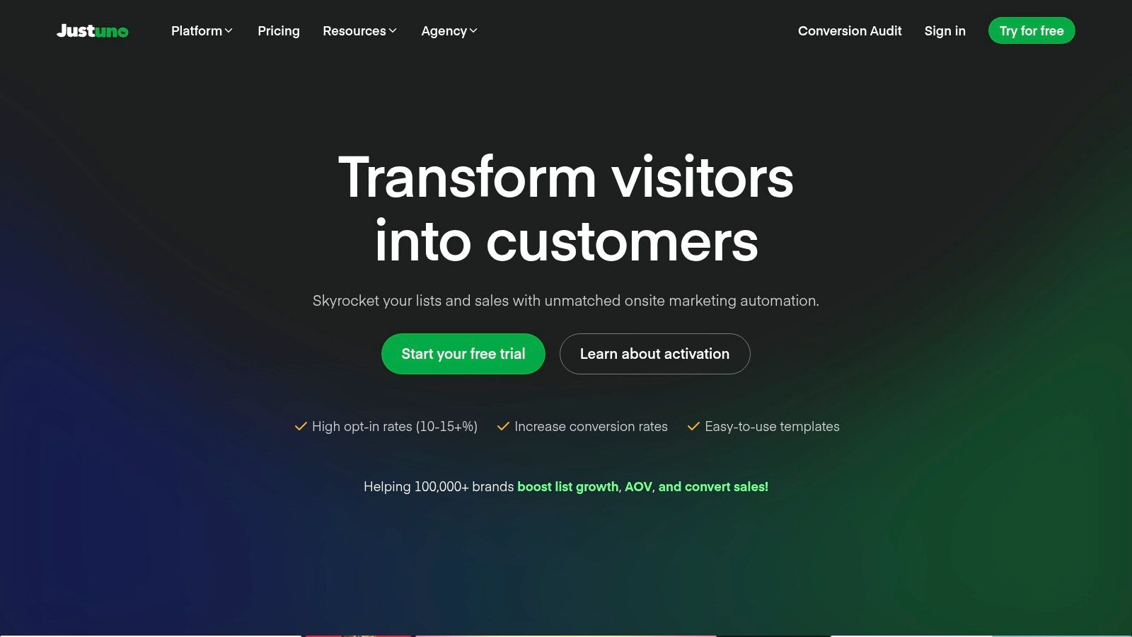 Justuno's website hero image showcasing its popup and banner capabilities.