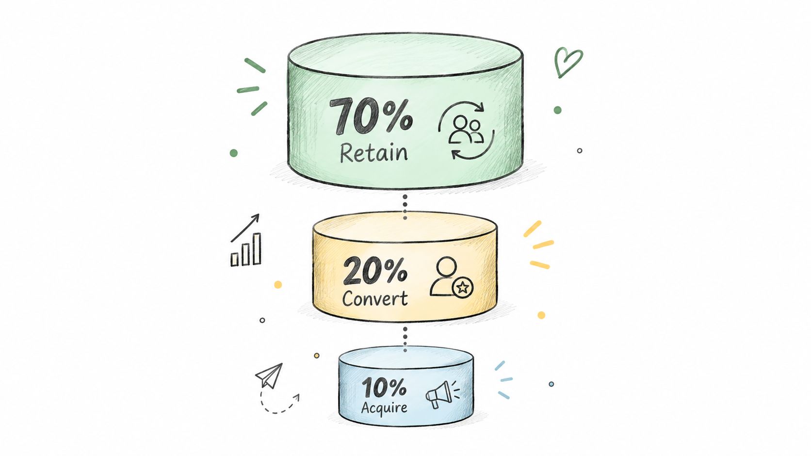 A hand-drawn funnel diagram showing a 70% retention, 20% conversion, and 10% acquisition marketing strategy.