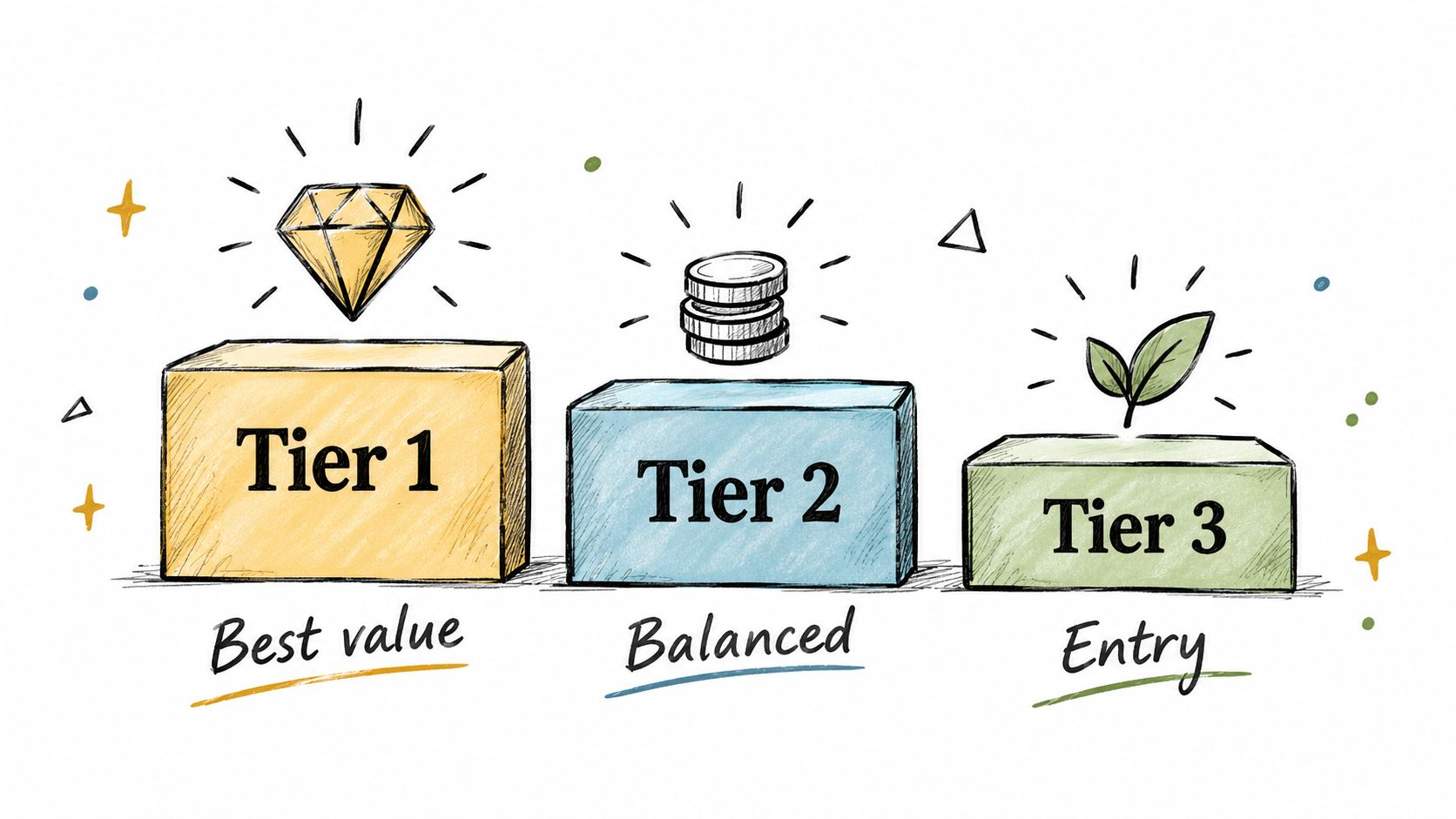 A hand-drawn illustration showing three tiered pricing levels labeled as Best value, Balanced, and Entry.