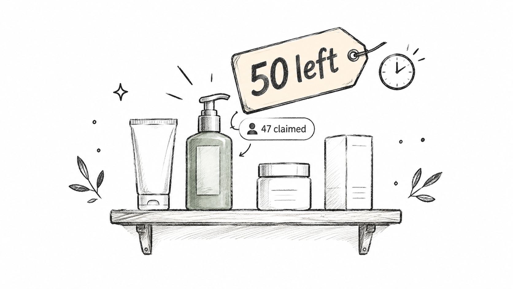 A hand-drawn sketch showing a shelf with skincare bottles and a tag indicating limited stock available.