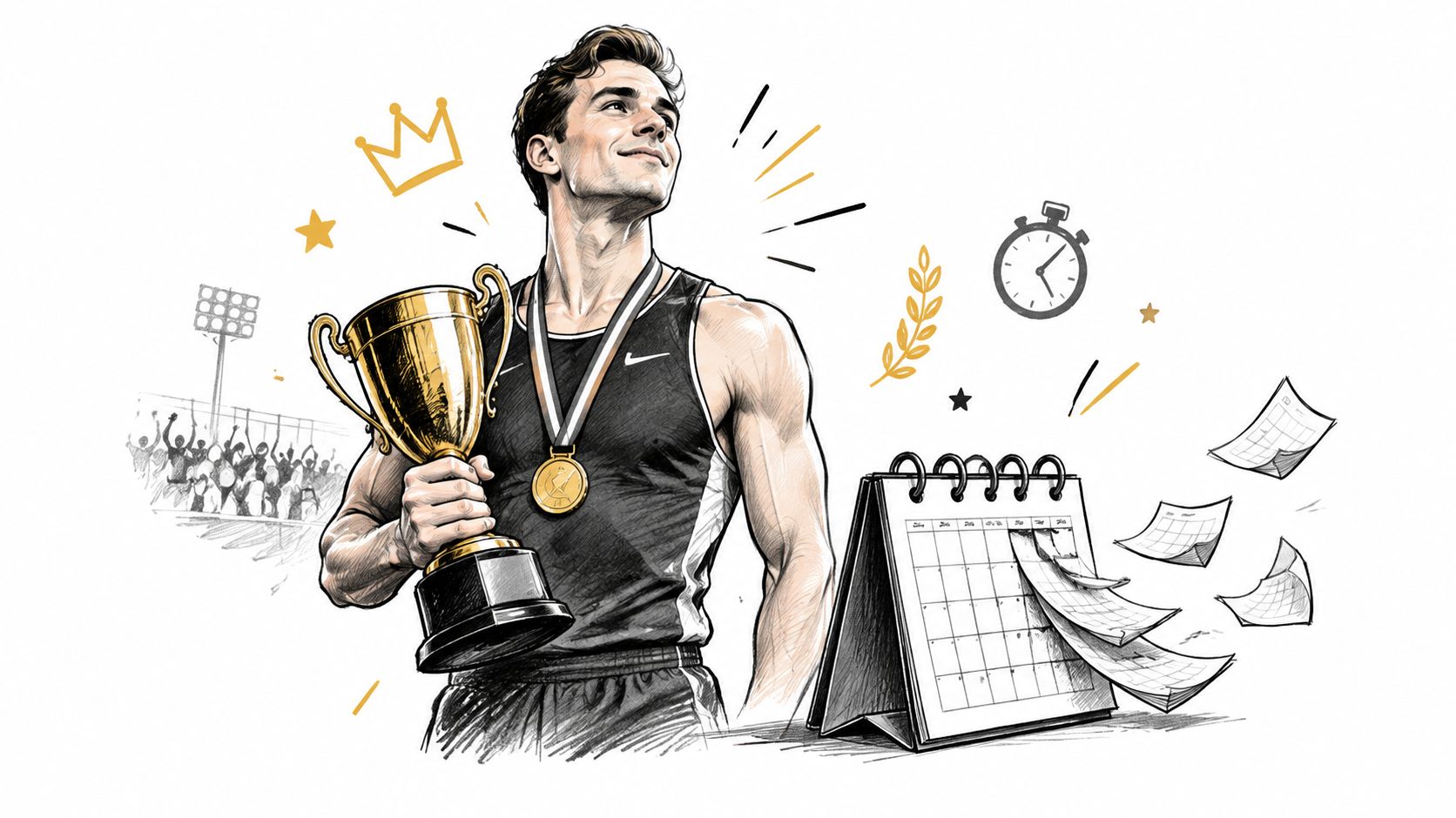 A victorious male athlete holding a gold trophy with a medal around his neck next to a calendar.