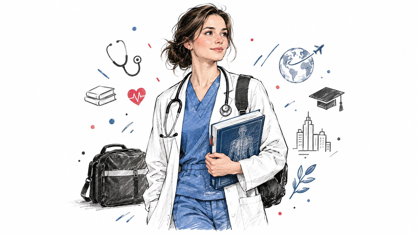 A female medical student wearing scrubs and a white coat, holding a textbook with academic and travel icons.