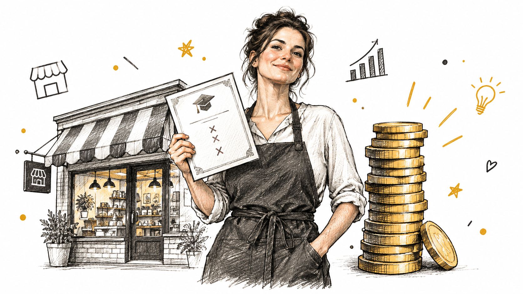 A woman in an apron holding a diploma in front of a shop with a stack of coins.