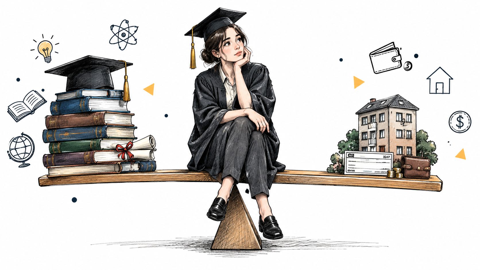 A student wearing a graduation gown sitting on a seesaw between stacks of books and financial assets.