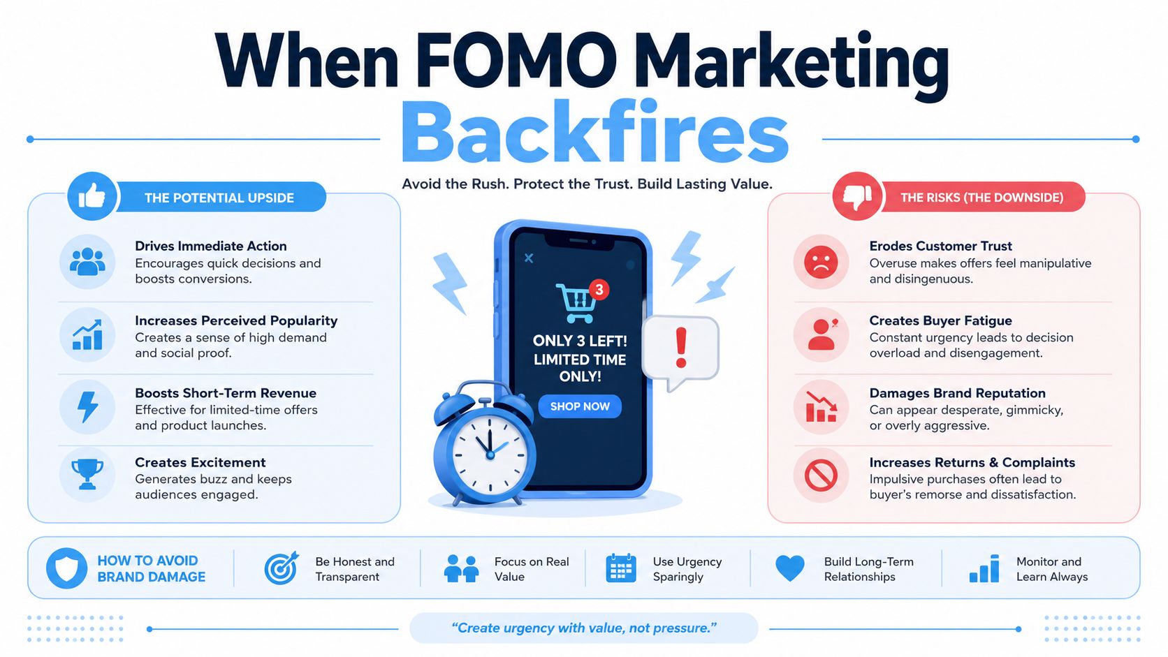 An infographic illustrating the upsides and risks of FOMO marketing strategies with tips to avoid brand damage.