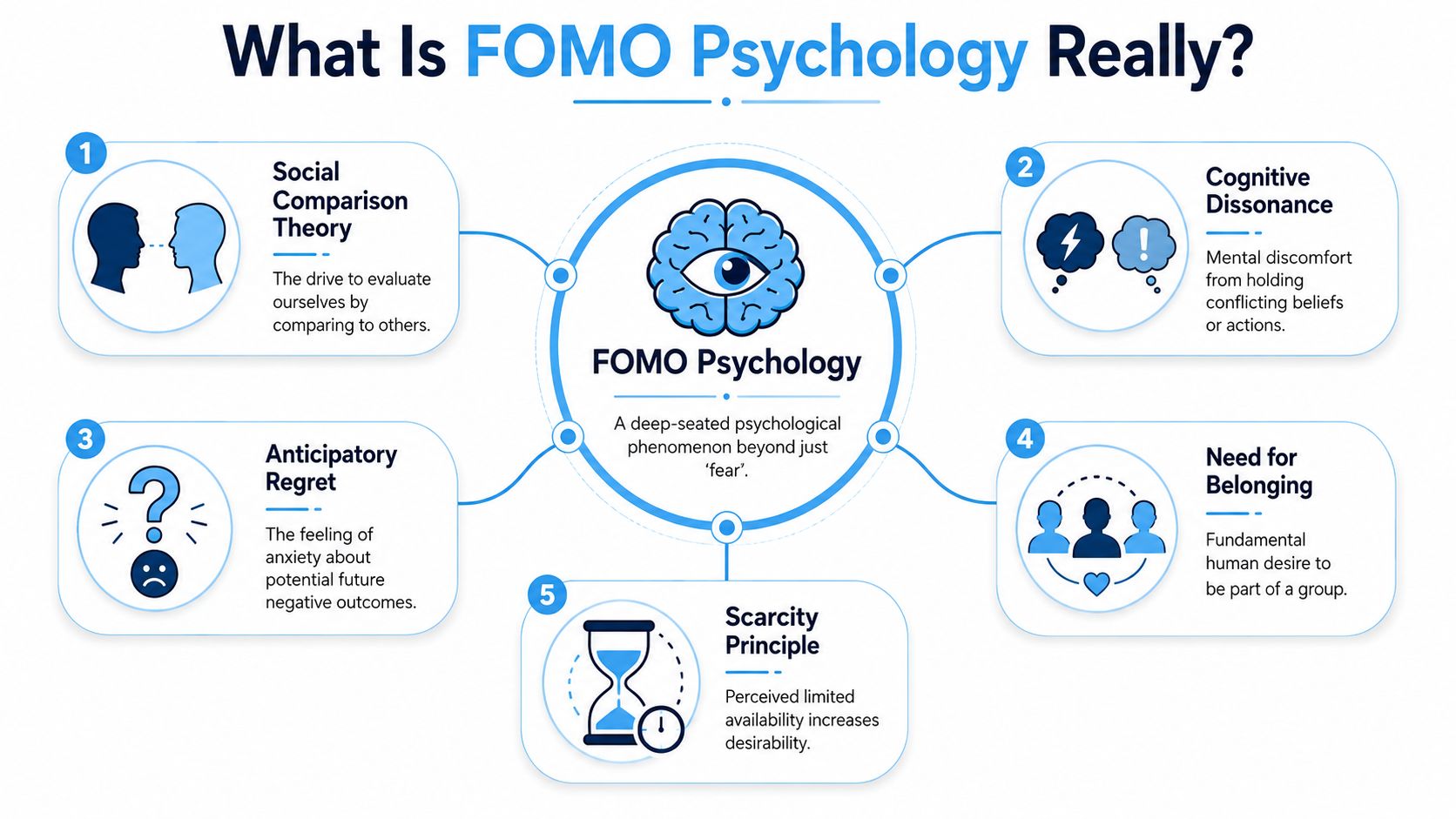 An infographic titled What Is FOMO Psychology Really displaying five key psychological drivers behind FOMO.